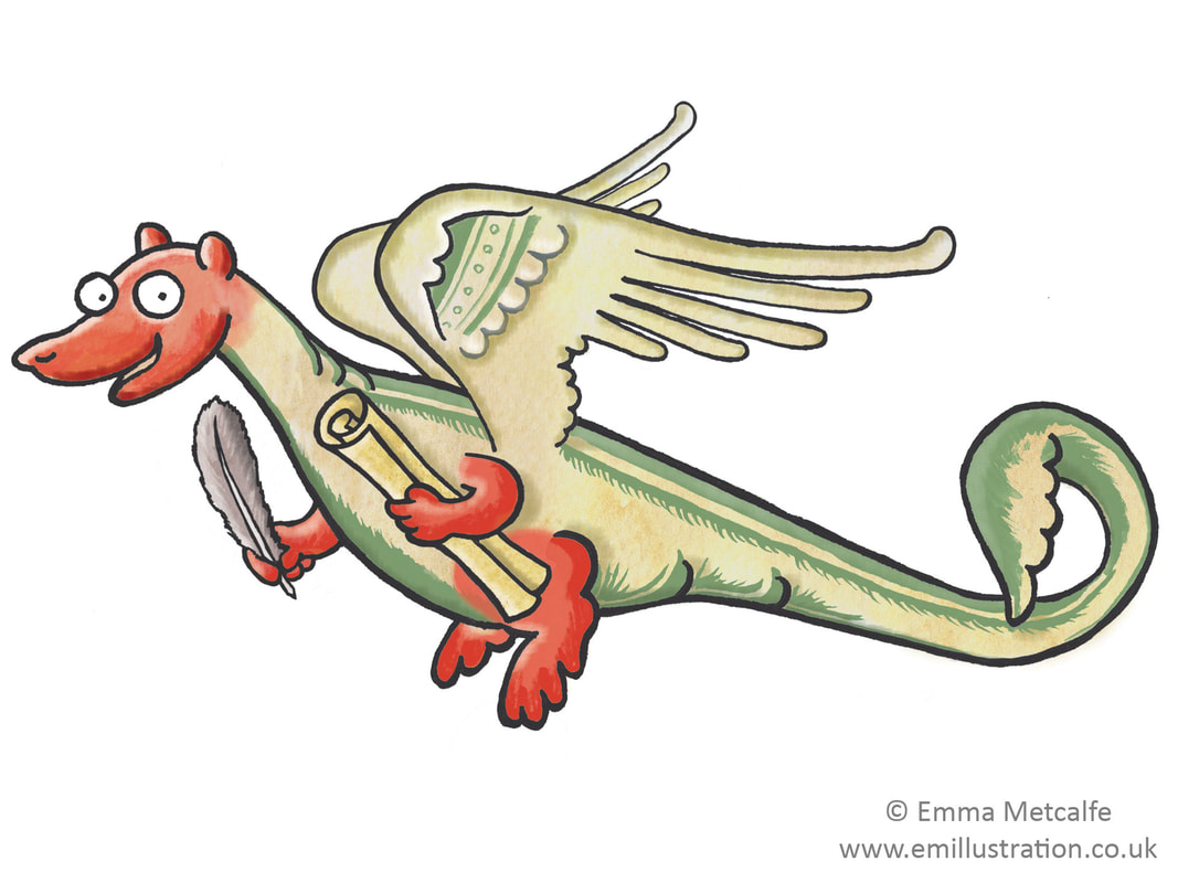 Cartoon dragon from illuminated manuscript for Rochester Cathedral by illustrator Emma Metcalfe