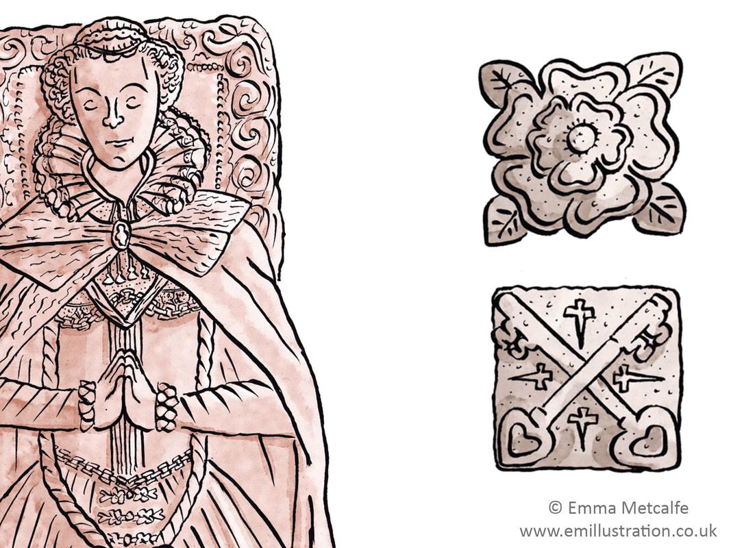 Illustration of tomb carved figure of Tudor Queen Mary Queen of Scots and stone frieze emblems by historical illustrations by emma metcalfe