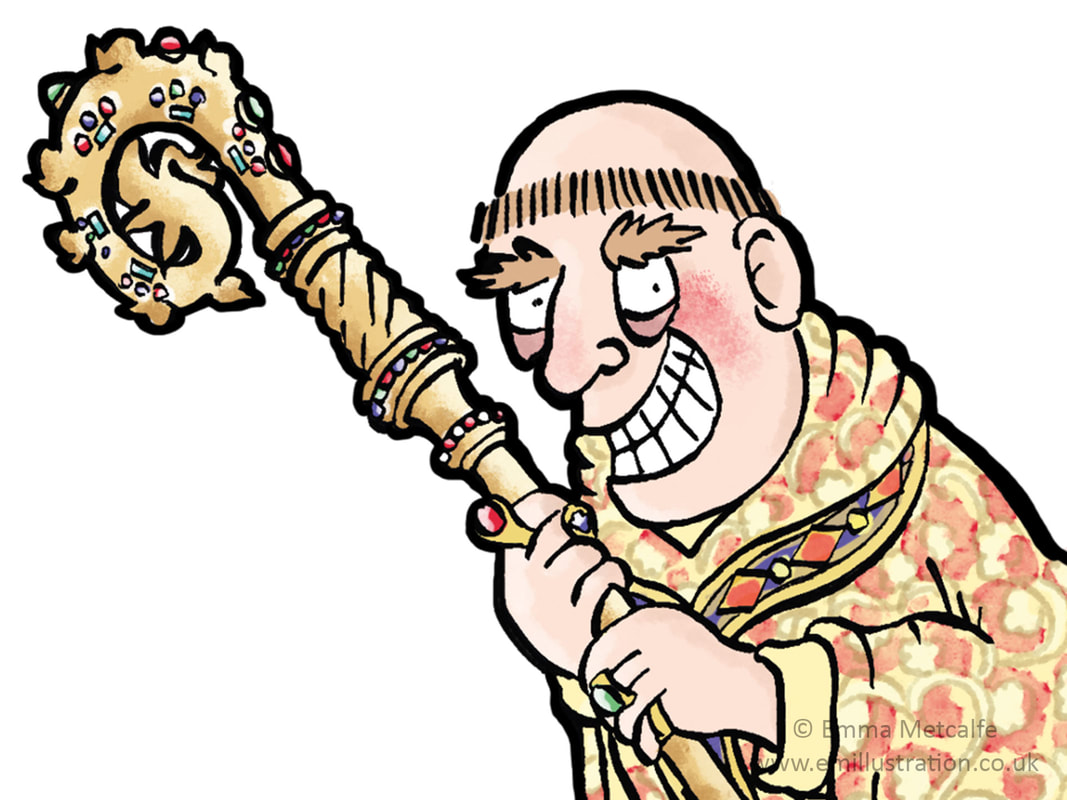 Cartoon illustration of greedy corrupt medieval church bishop abbot historical character by illustrator emma metcalfe